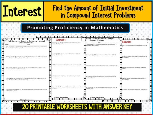 Find the Initial Investment Amount in Compound Interest Problems Worksheets Math