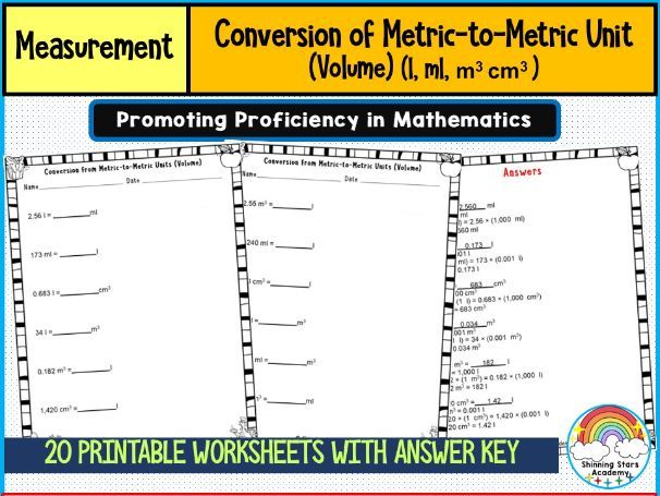 Conversion of Metric-to-Metric Unit (Volume) (L, mL, m³, cm³) Worksheets | Metric Volume Conversion