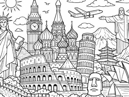 Around the World Global Landmarks Colouring Page