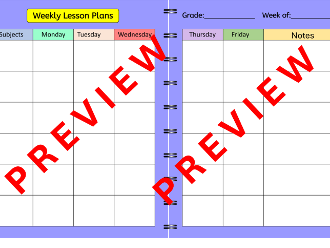 Weekly Lesson Plan Blank Template Colors & Black & White Editable 11"x8.5"