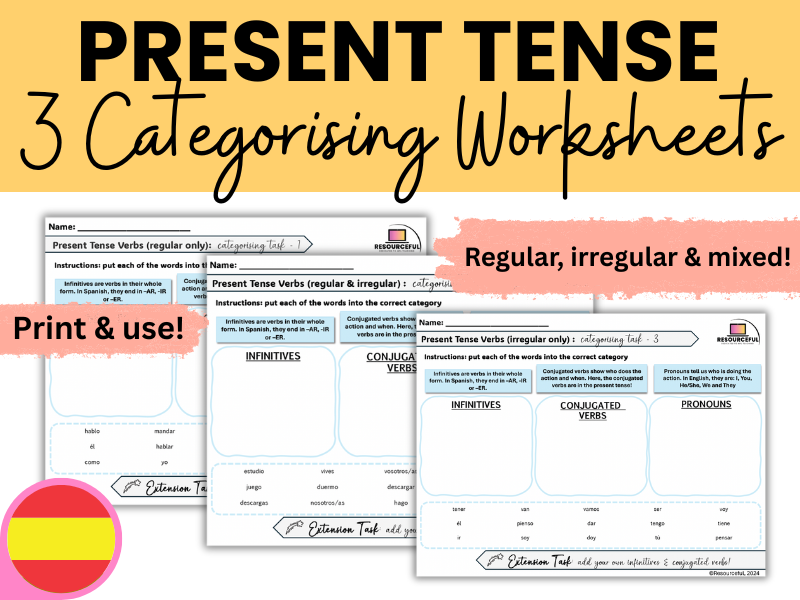 Spanish Present Tense Verbs - Categorising Activity Worksheets (x3!)
