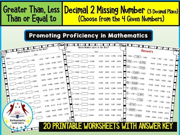 Greater Than, Less Than – Two Decimal Missing Numbers (Choose from 4 Given Numbers, up to 3 Decimal