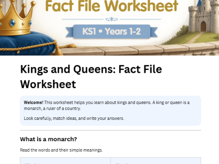 Kings and Queens Fact File Worksheet | KS1 History | Years 1–2