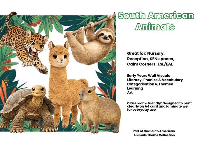 South American Animals Labels, Visuals, Reward Cards Bundle