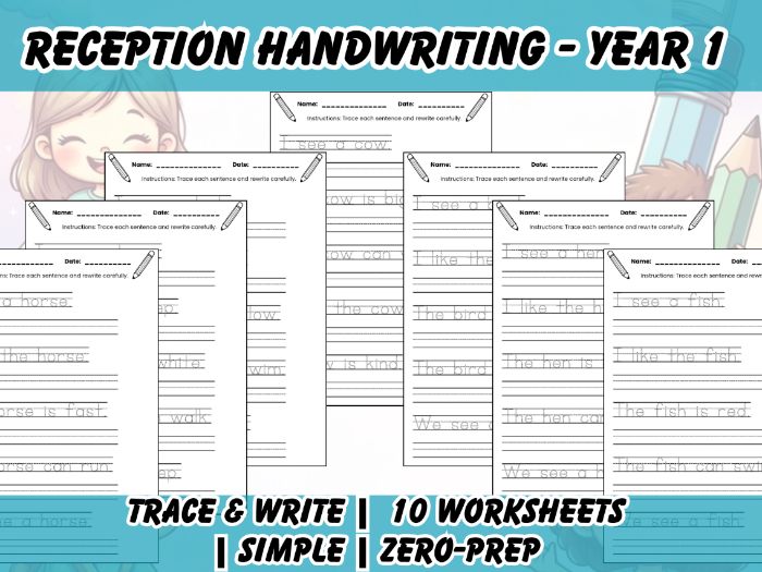 Reception Handwriting: Trace & Write Simple Animal Sentences 10 worksheets (version 1)
