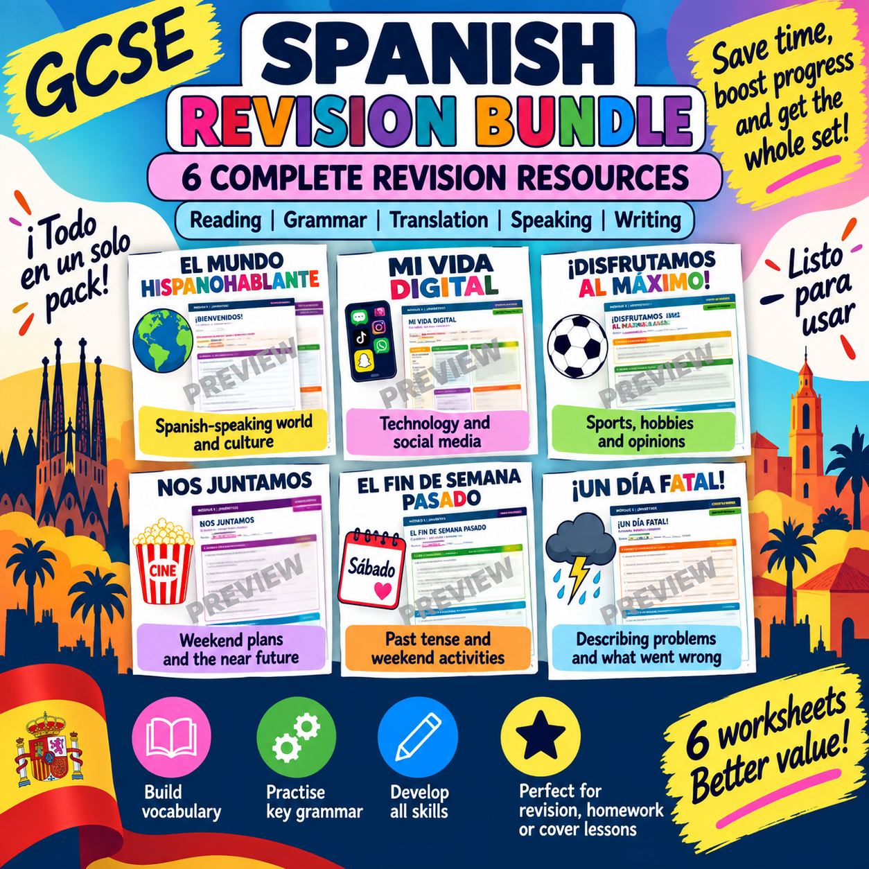GCSE Spanish Revision Bundle | Free Time, Technology, Sports, Weekend & Past Tense