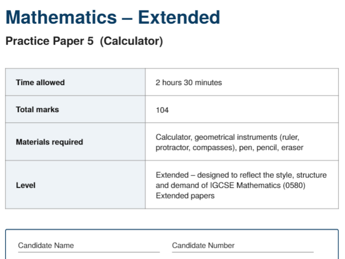 IGCSE-Style Mathematics – Extended Practice Paper 5 (Calculator) | Question Paper + Full Mark Scheme