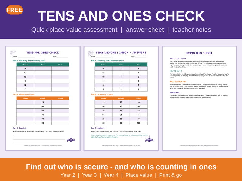 FREE Tens and Ones Place Value Assessment | 10 More 10 Less | Year 2, 3 & 4