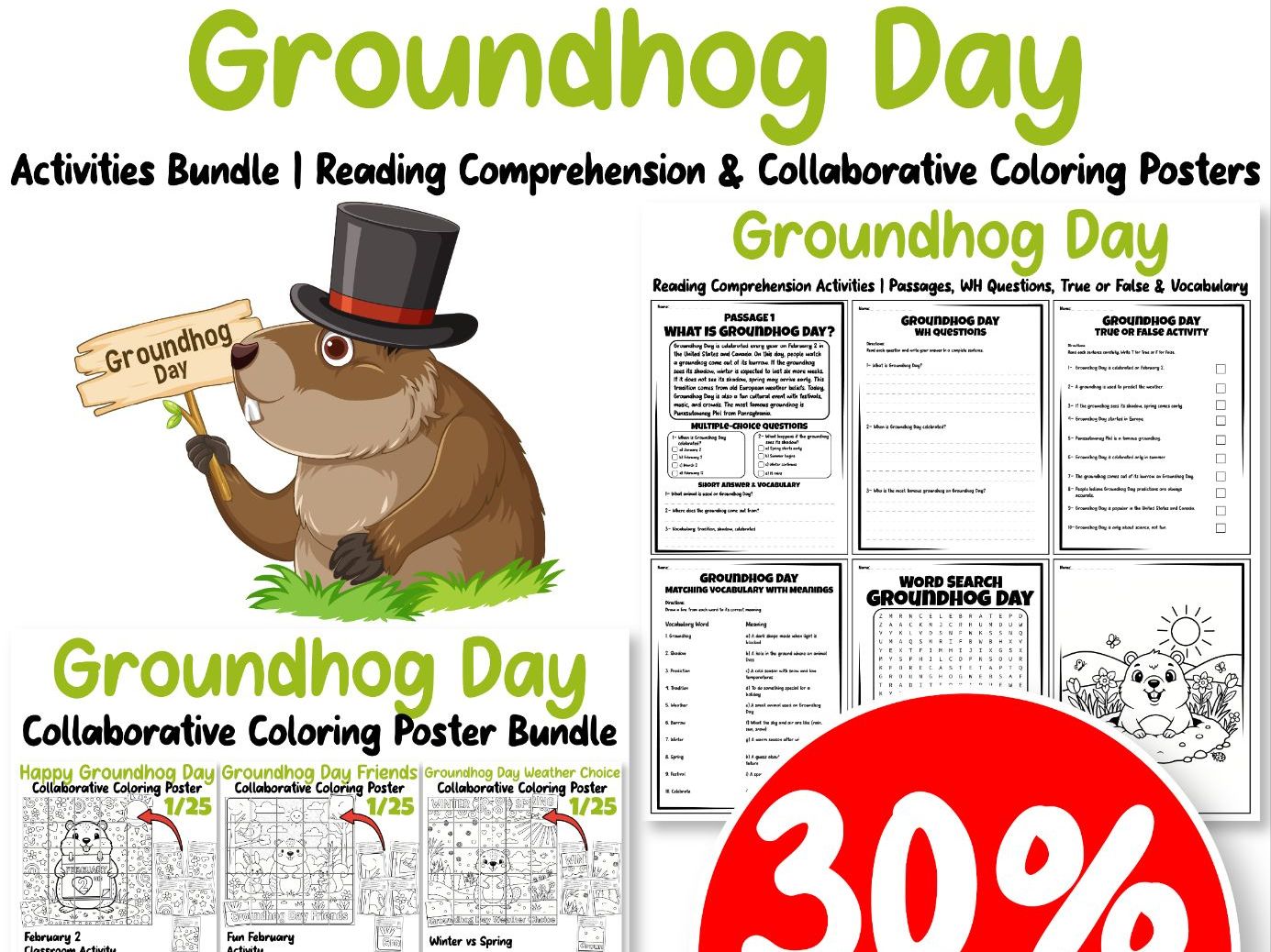 Groundhog Day Activities Bundle | Reading Comprehension & Collaborative Coloring Posters