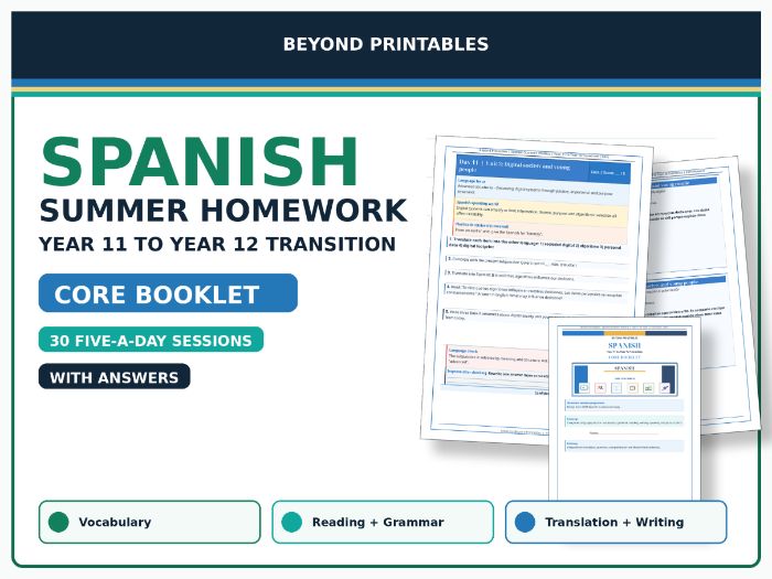 Spanish Summer Homework Booklet: Year 11 to Year 12 Transition Core with Answers