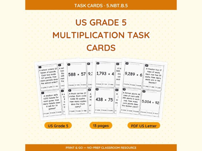 US Grade 5 Multiplication Task Cards | 13 pp