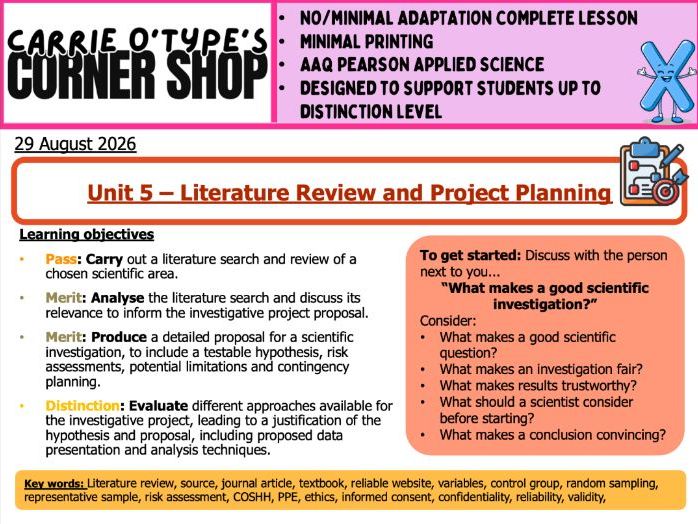 Unit 5 Task 1 - Literature review and Project Planning - AAQ Pearson Applied Science