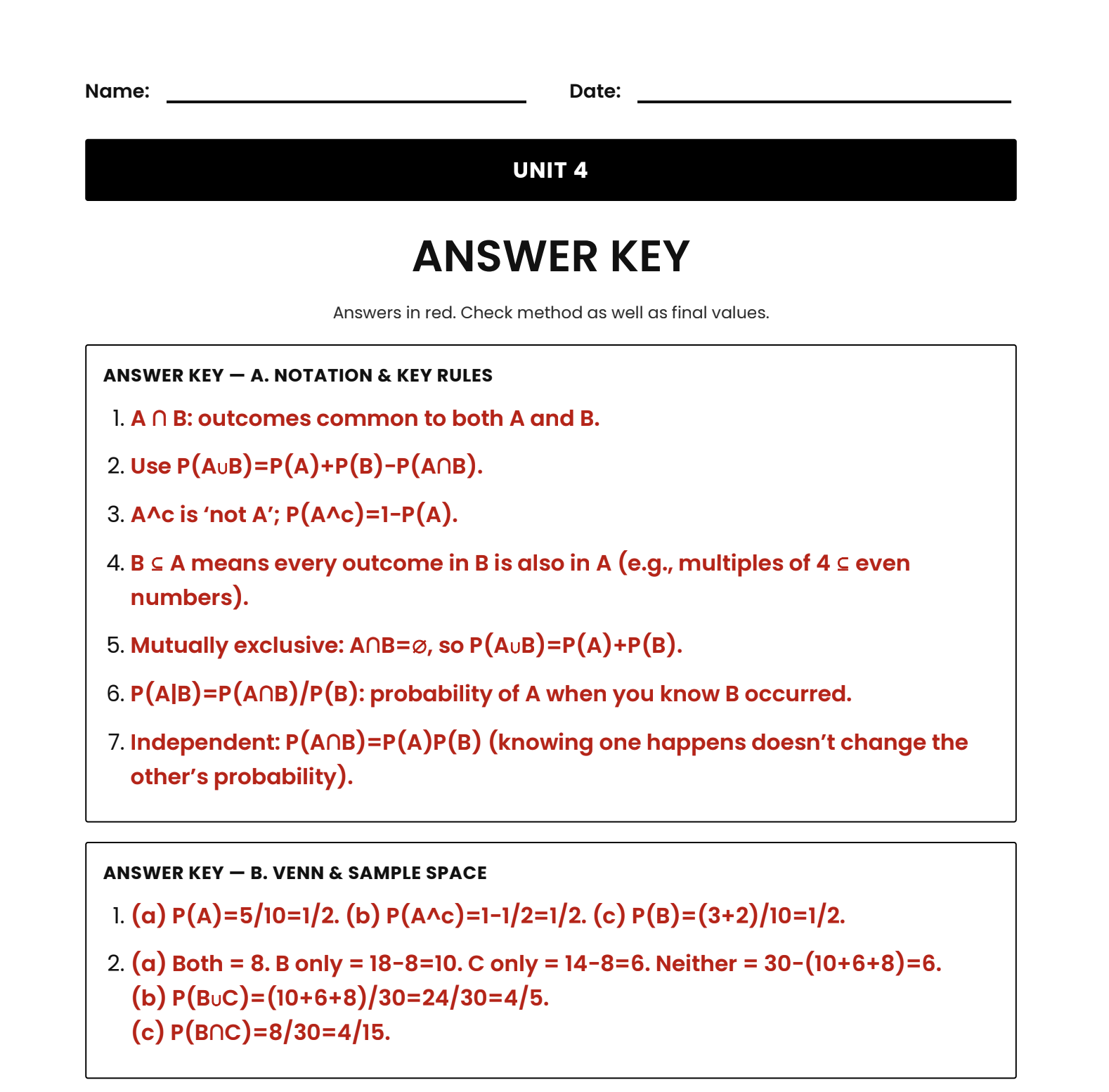 IB Math AI Worksheet SL 4.6 - Rules of Probability | Teaching Resources