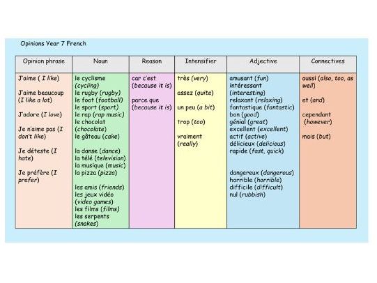 Opinions and cognates Y7 French 2 lessons
