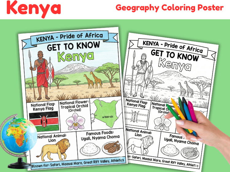 Kenya Geography Coloring Poster | Country Facts & Map Activity