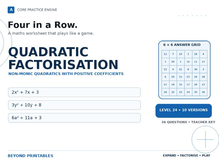 Quadratic Factorisation Four in a Row | 2x² + 7x + 3 : Level 24 | 10 Maths Games