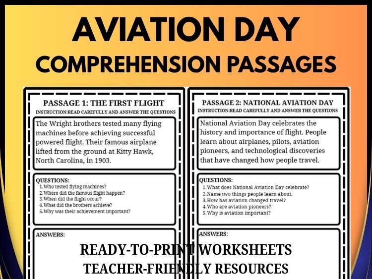 National Aviation Day Reading Comprehension | Grades 2–8 | 20 Passages
