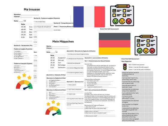 Pencil Case (French & German) – Assessment, Mark Scheme & Self Assessment