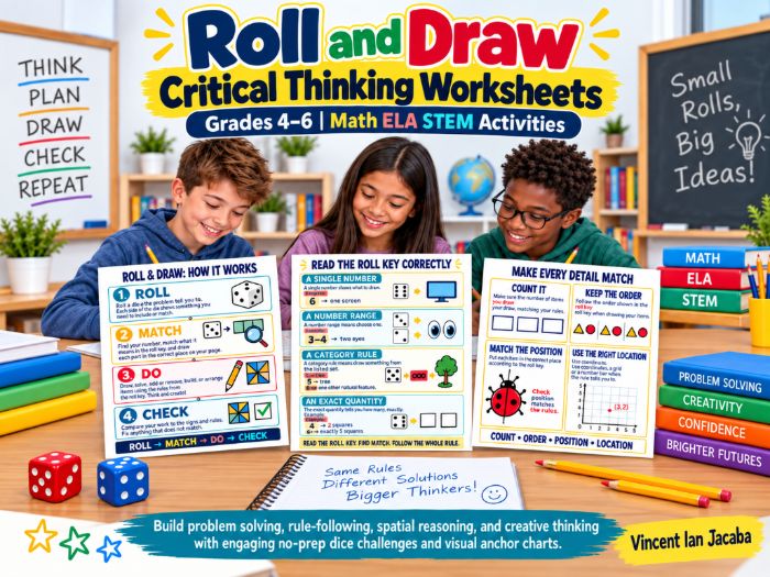 Roll & Draw Critical Thinking Worksheets Grades 4–6 | Maths, ELA & STEM Activities