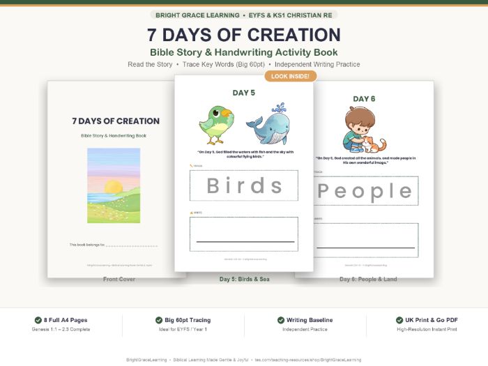 7 Days of Creation Handwriting and Story Book | EYFS & KS1 Bible Tracing