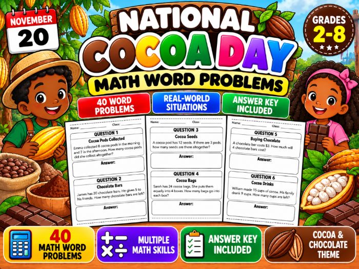 National Cocoa Day Math Word Problems | 40 Questions & Answer Key