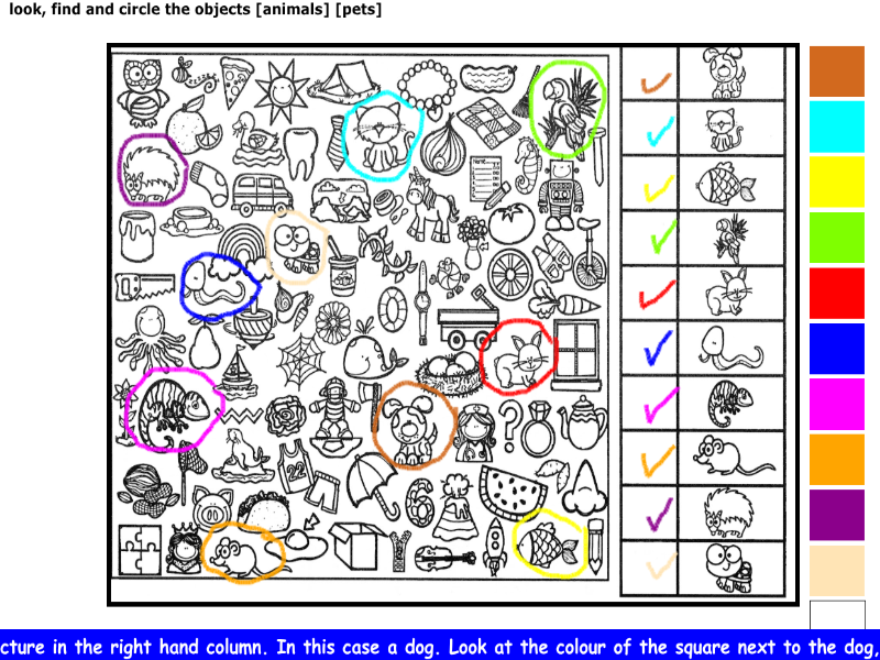 look, find and circle the objects [animals] [pets]