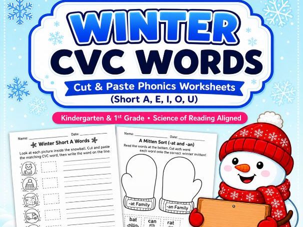 Winter CVC Words Cut and Stick Phonics Worksheets