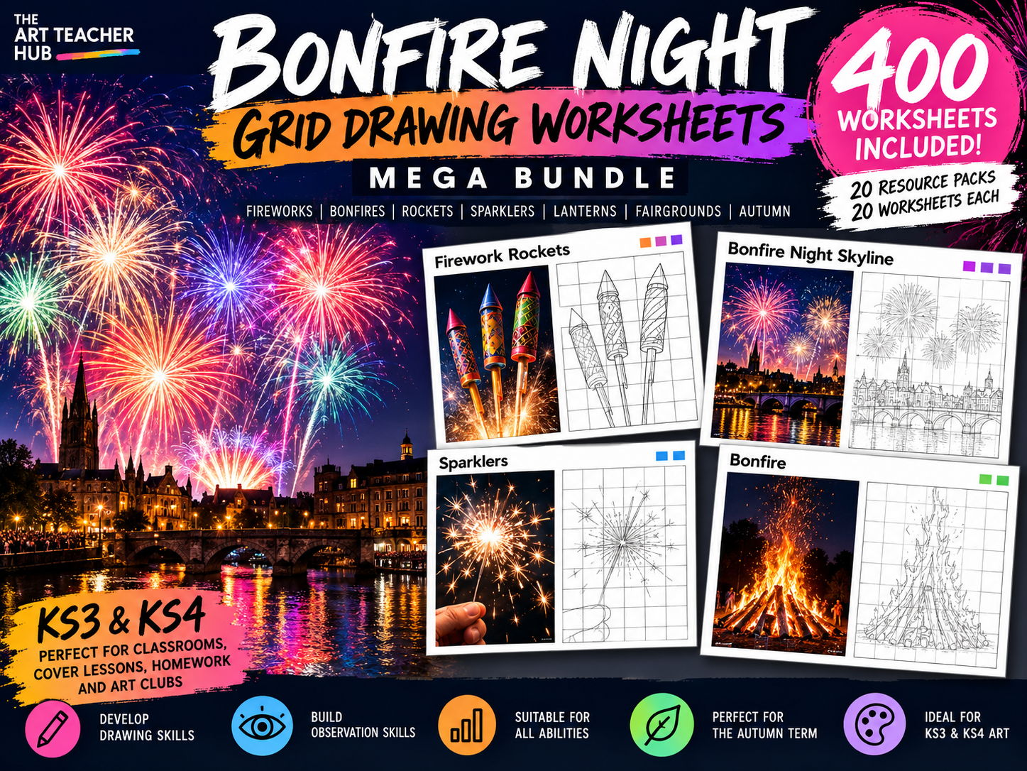 Bonfire Night Grid Drawing Worksheets Mega Bundle | 400 Art Activities | KS3 & KS4 GCSE Art