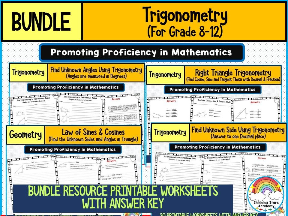 TRIGONOMETRY Worksheets BUNDLE for GRADES 8–12 | Right Triangle, Ratios, Angles & Applications