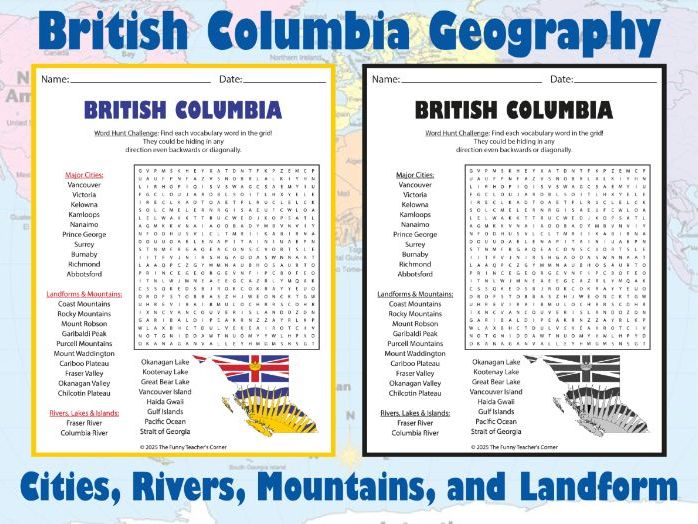 British Columbia Geography Word Search | Cities, Rivers, Mountains, and Landform