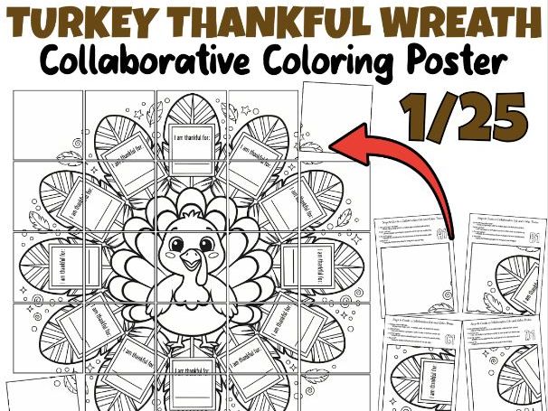 Turkey Thankful Wreath Collaborative Coloring Poster | Fall Gratitude Activity