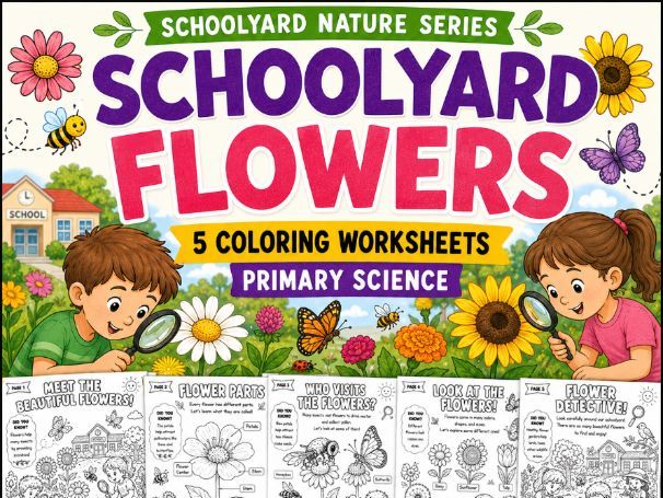 Schoolyard Flowers | 5 Coloring Worksheets | Primary Science Activity |Grade 1-3