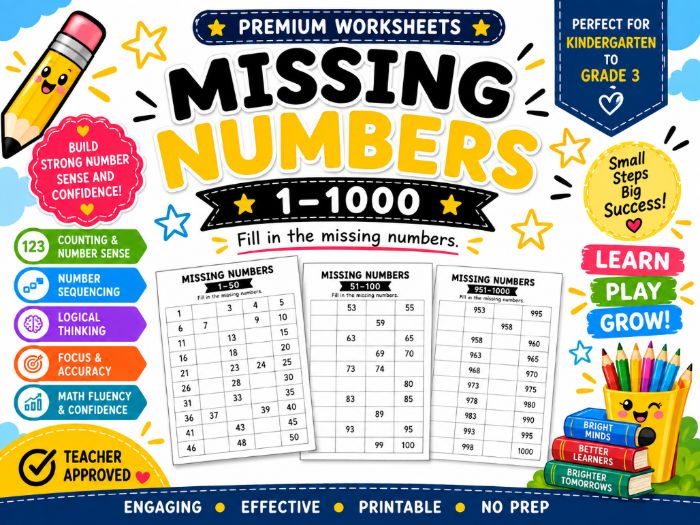 Missing Numbers 1–1000 Worksheets | Number Sequence & Counting Practice Kindergarten–3rd Grade