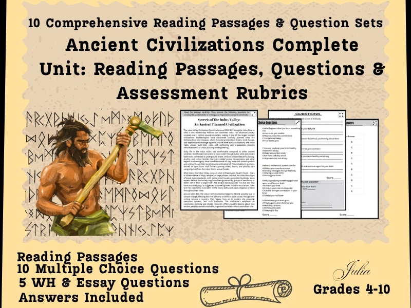 10 Comprehensive Ancient Civilizations Unit: Reading Passages, Assessments & Teacher Rubrics