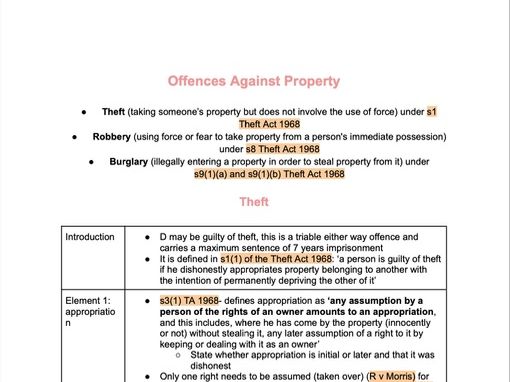 OCR A-Level Law Paper 1: Offences Against Property A* Revision Notes