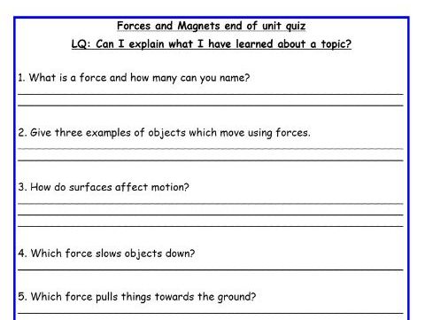 Forces and Magnets End of Topic Quiz - PowerPoint and Worksheet with answers
