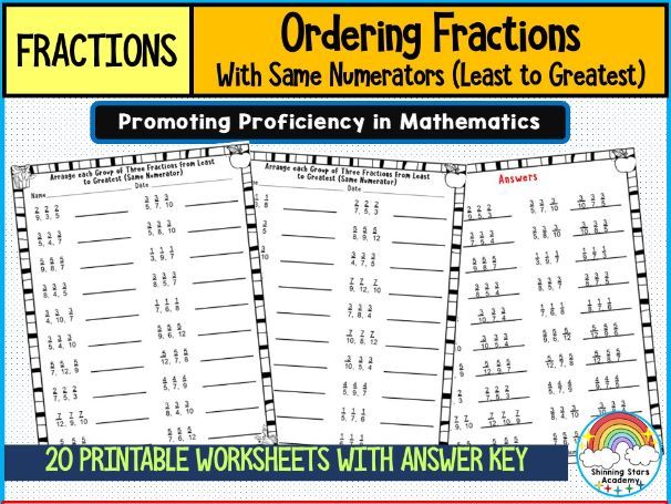 Ordering Fractions (Least to Greatest) with Same Numerators Worksheets | Printable Fractions Practic