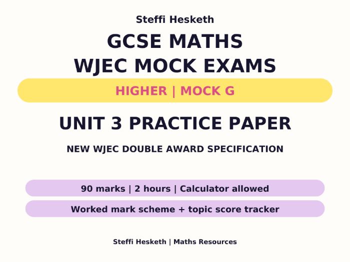 WJEC GCSE Maths & Numeracy Unit 3 Higher Mock G + Mark Scheme