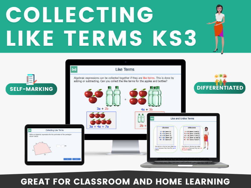 Collecting Like Terms - Simplifying Expressions KS3 Digital Maths Lesson & Self-Marking Activities