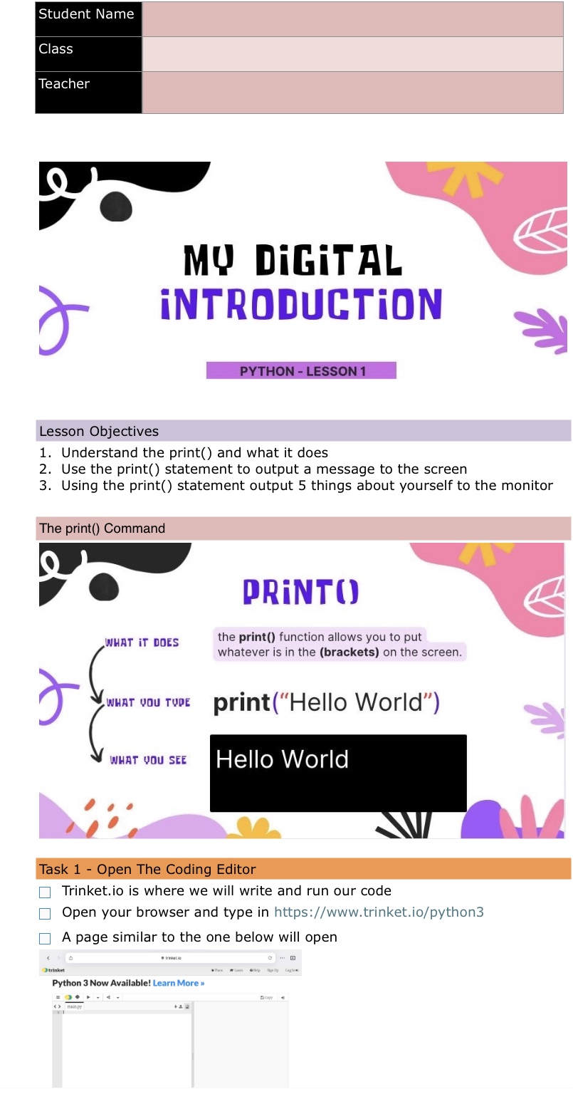 Python KS3 Lesson 1 Slides & Workbook | Teaching Resources