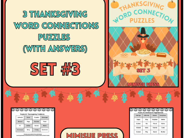 3 Thanksgiving Word Connections Puzzles SET 3 (Holiday/Party Game)