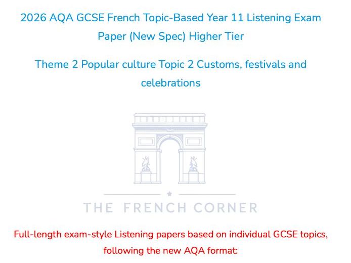 2026 AQA GCSE French Higher Listening Paper 2.2 Customs, festivals & cel. with Realistic Exam Audio