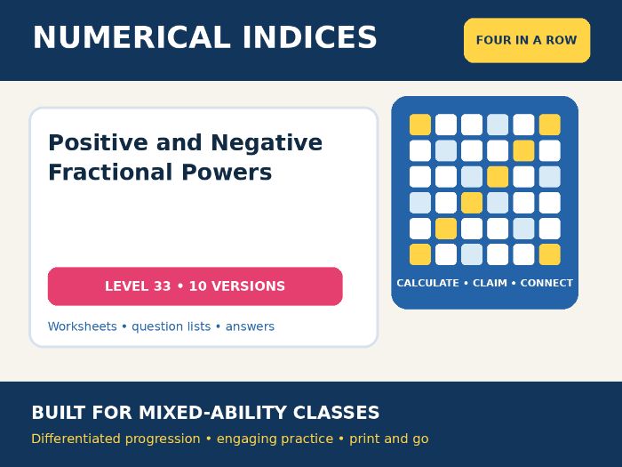 Numerical Indices – Positive and Negative Fractional Powers – Four in a Row – 10 Versions