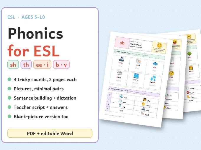 Phonics for ESL – Tricky Sounds sh, th, ee/i, b/v – Worksheets with Pictures – EAL Ages 5–10