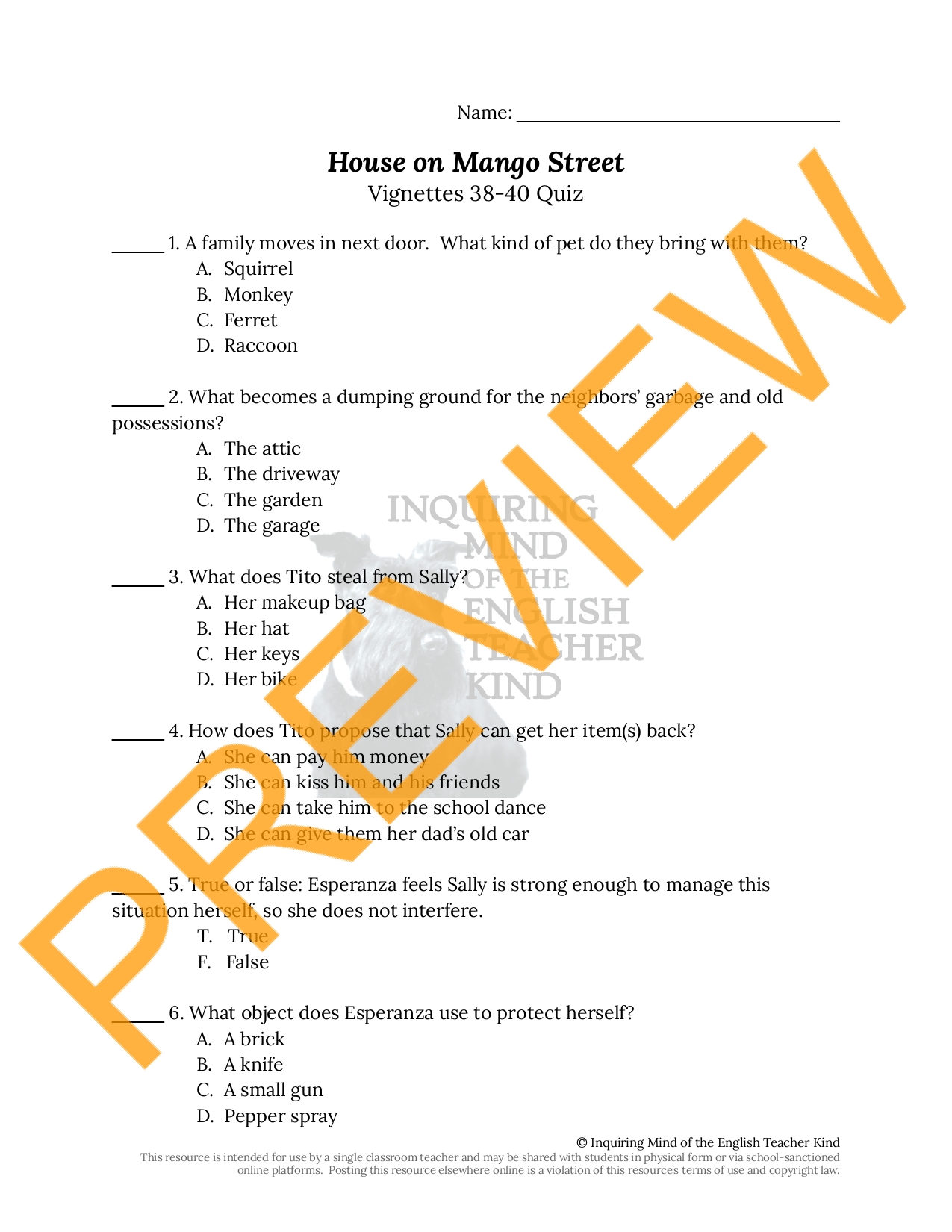 House on Mango Street Quiz on 3840 Teaching Resources