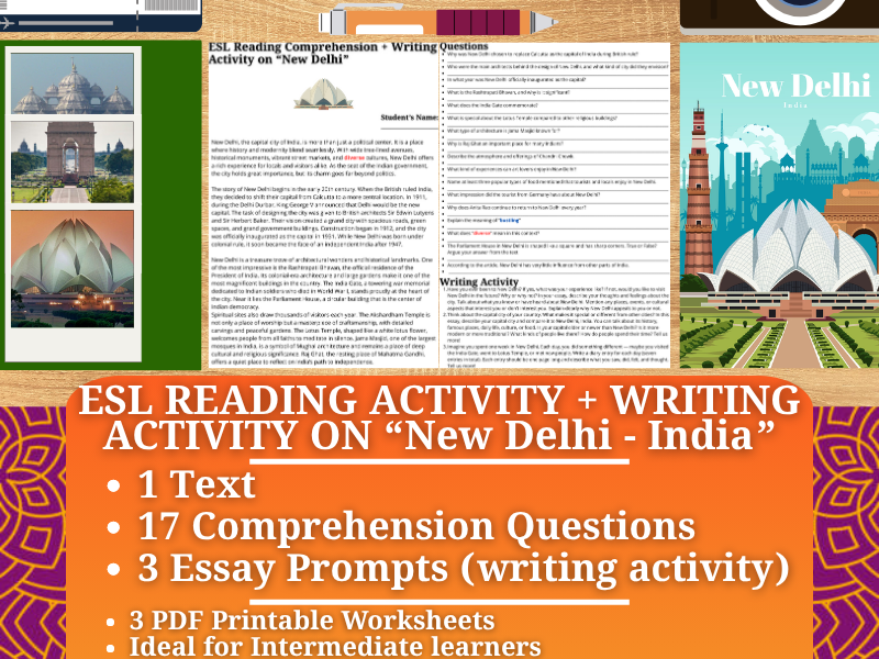 ESL Reading Comprehension + Writing Activity Worksheets on "New Delhi" - India