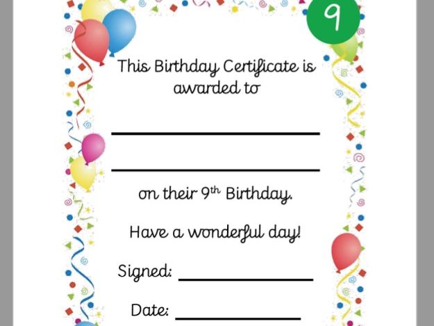 Birthday Certificate 6th 7th 8th 9th 10th 11th