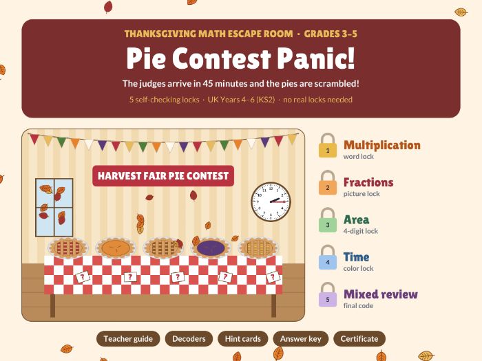 Thanksgiving Math Escape Room | Multiplication, Fractions, Area & Time | Grades 3-5 | KS2 Maths