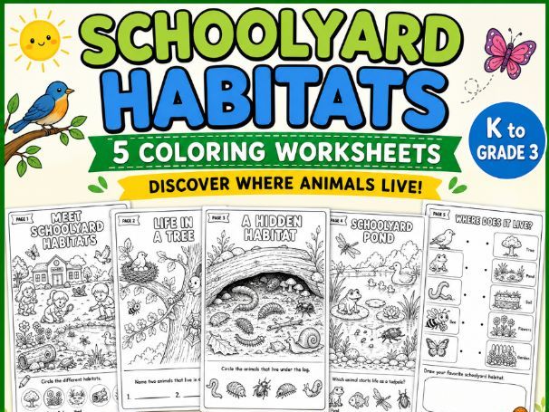 Schoolyard Habitats | 5 Coloring Worksheets | K–Grade 3 Science Activity