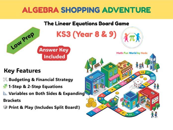 KS3 Linear Equations Board Game | Year 8 & 9 Algebra Shopping Adventure